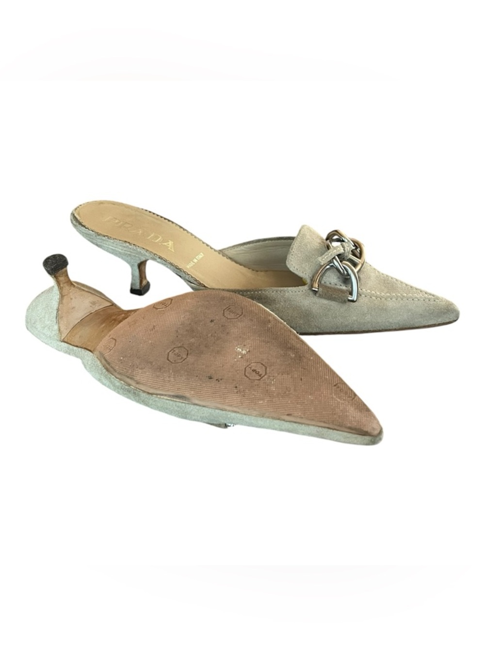 Prada Vintage Suede Mule Kitten Heels Khaki 38 (US 7.5–8) Chain Pointed Toe - Picture 3 of 6